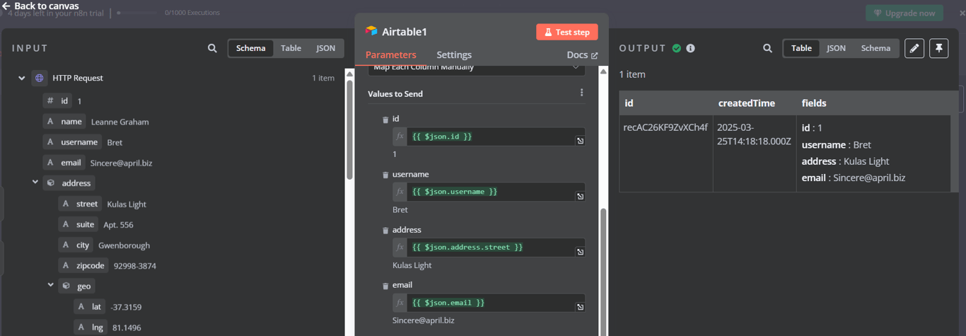 Mapping data fields in the Airtable node