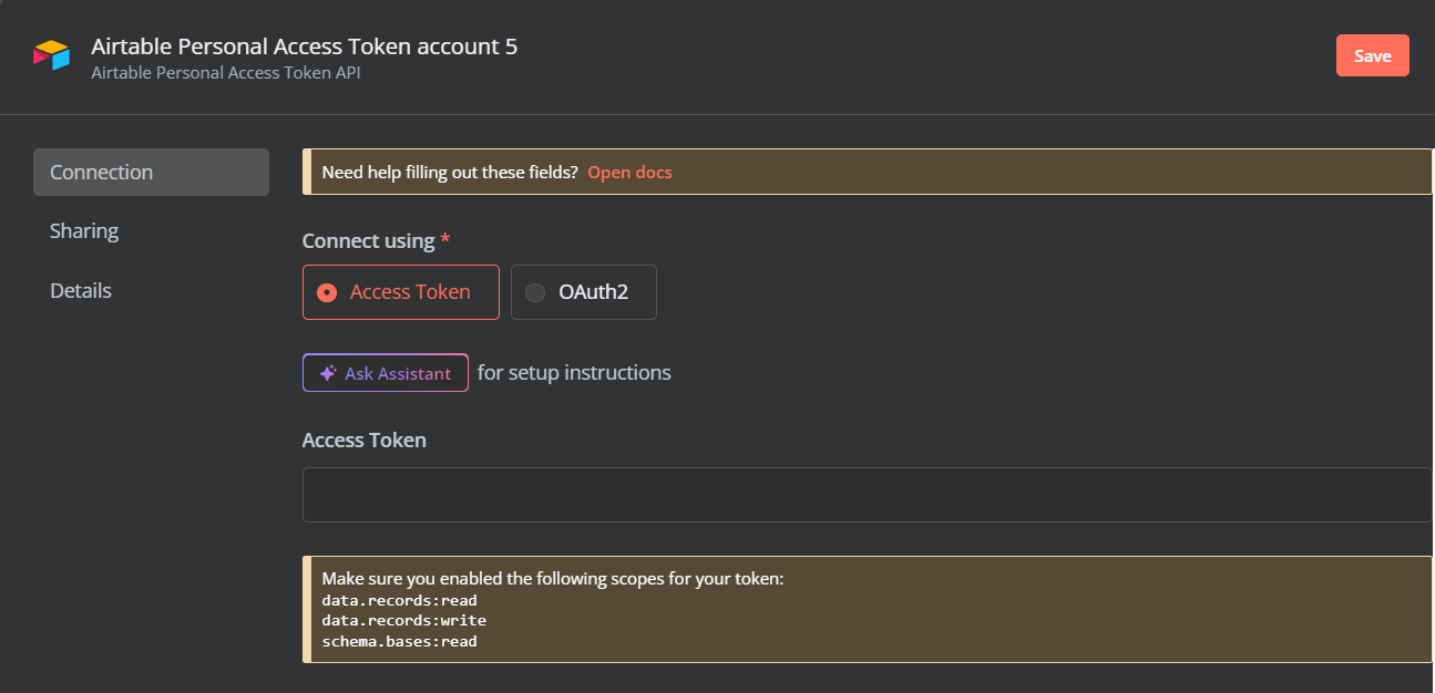 Adding Airtable token details to the Airtable node configuration in n8n