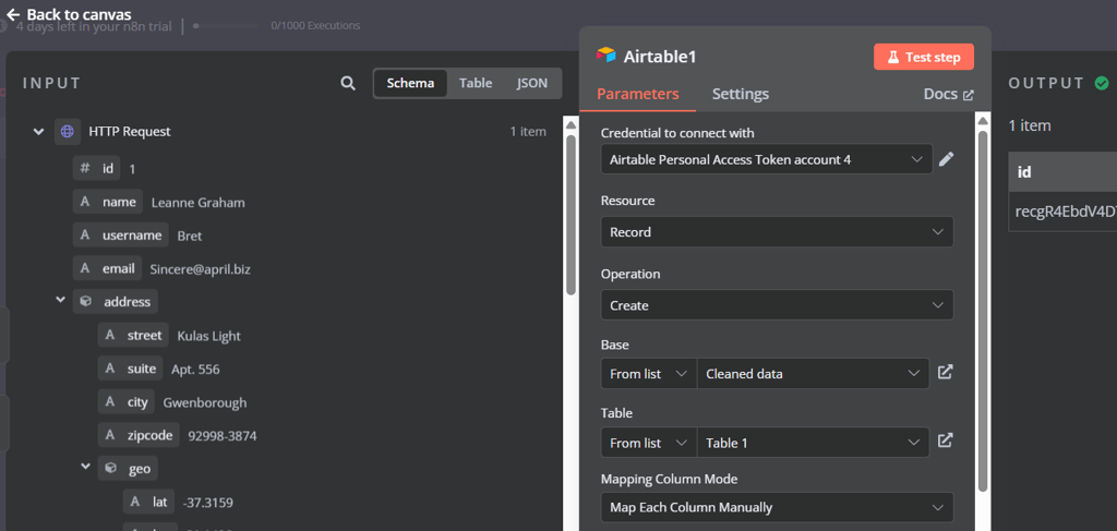 Entering test data into the Airtable node configuration screen