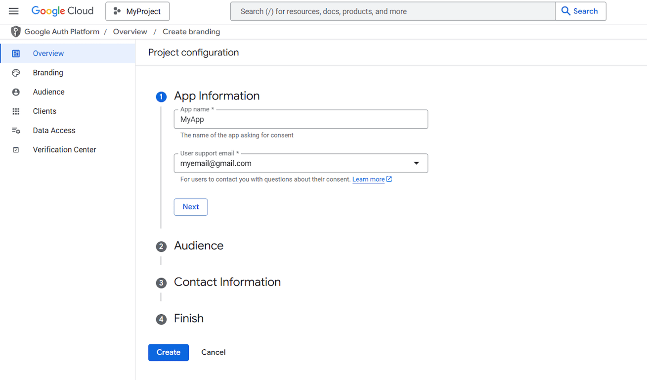 App creation page in Google Developer Console