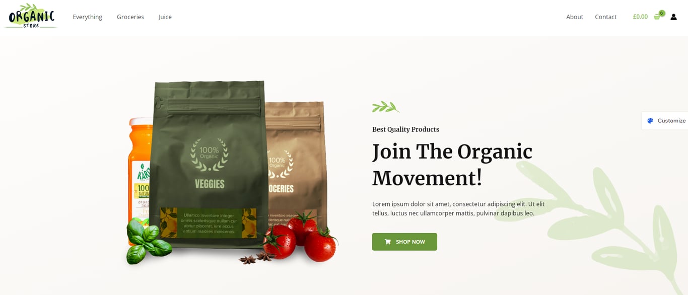 An organic store webpage featuring packaging for veggies and groceries, and a juice bottle