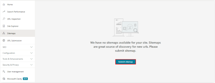 A website interface showing a "Sitemaps" section in red rectangle with a message encouraging sitemap submission.