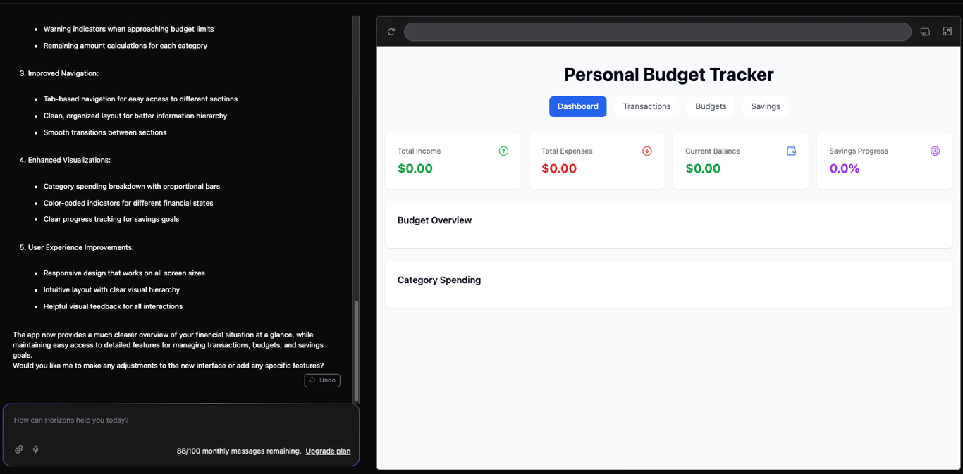 the first improved look of the budget-tracking web app with four different tabs