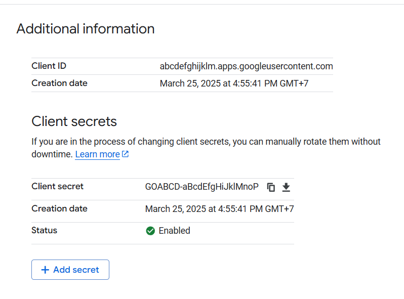 Client ID and Secret key on Google Developer Console