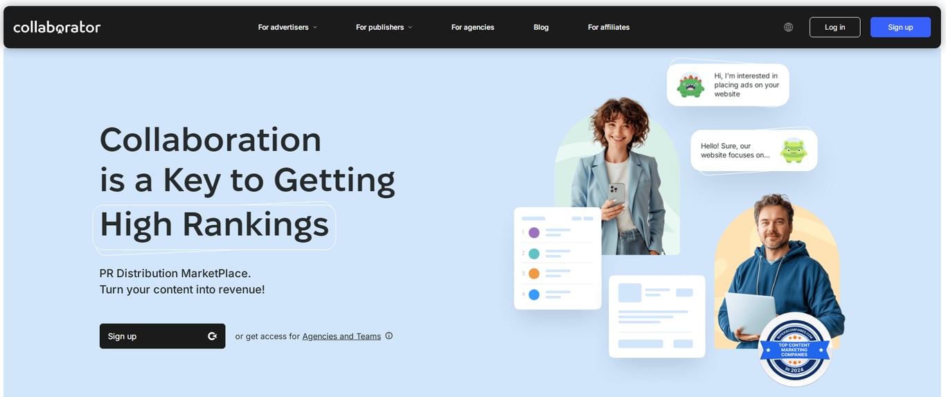 A website layout featuring the text "Collaboration is Key to Getting High Rankings," showcasing content creation and marketing interactions.