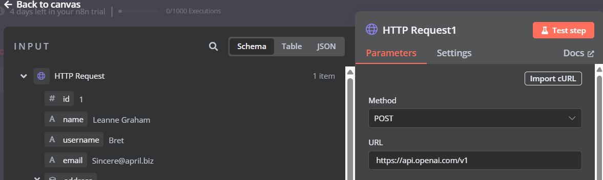 Configuring an HTTP request node with API data from OpenAI