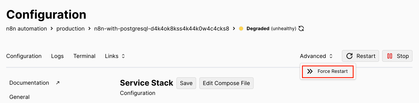 The Force Restart button in Coolify's Production page
