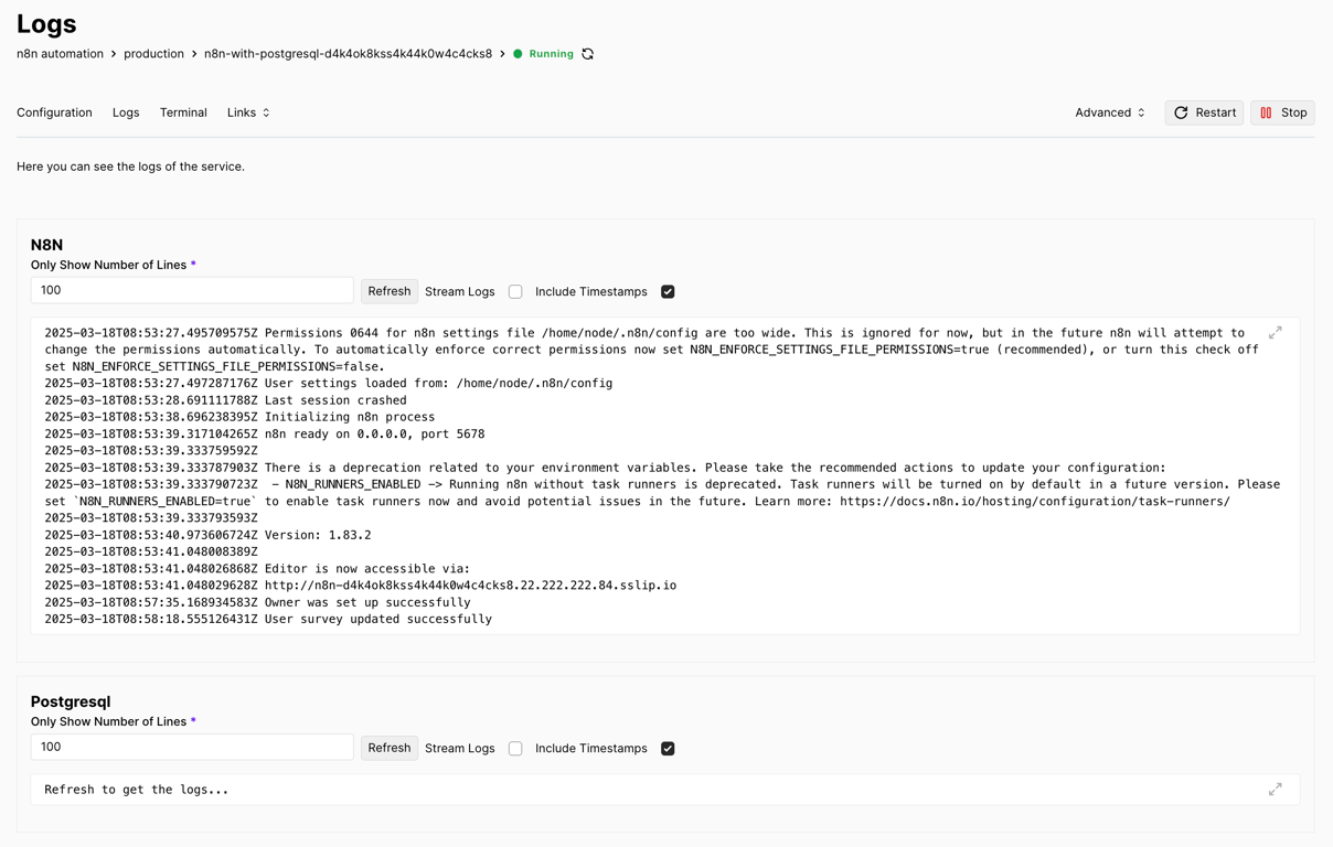 The Logs tab in Coolify's Configuration page
