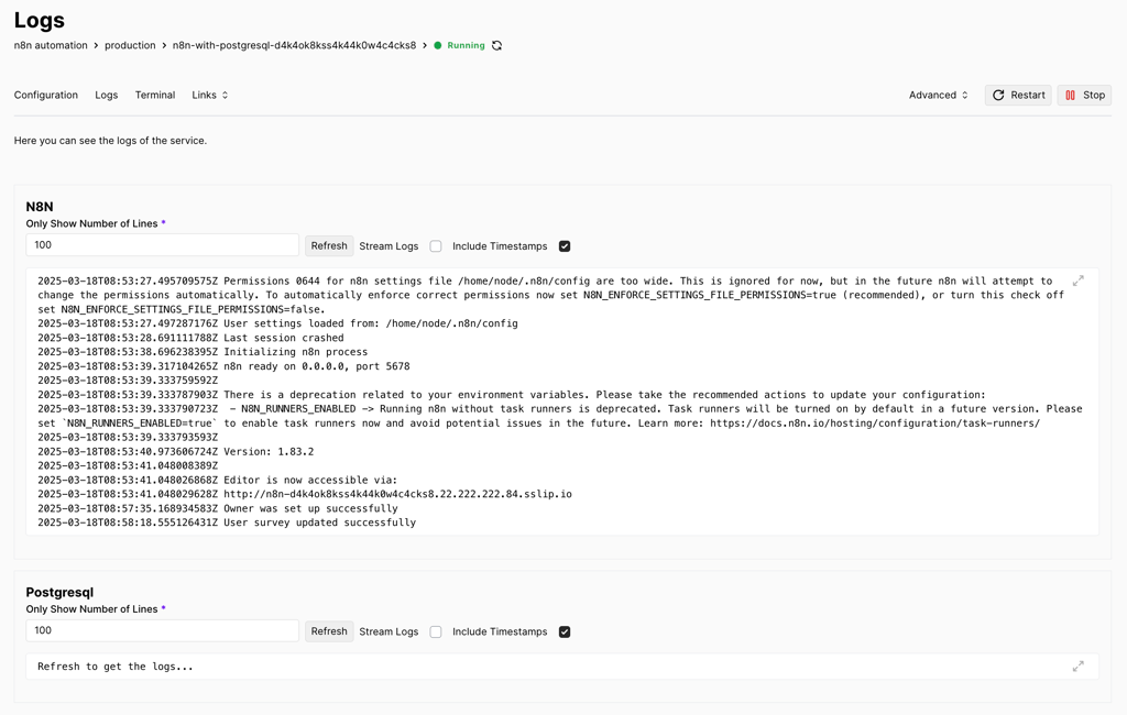 The Logs tab in Coolify's Configuration page