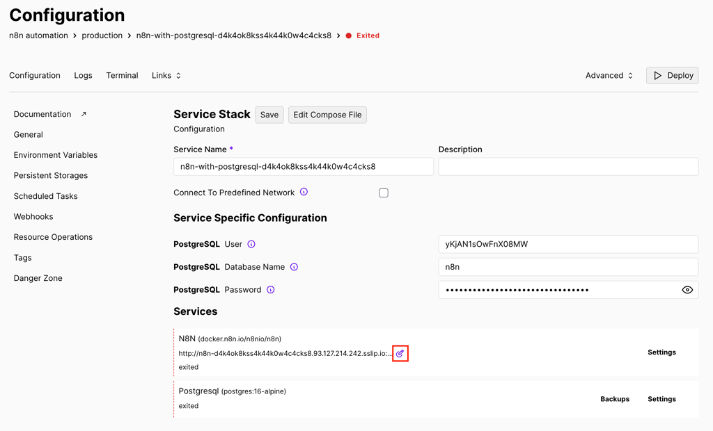 The Edit button in Coolify's Configuration page