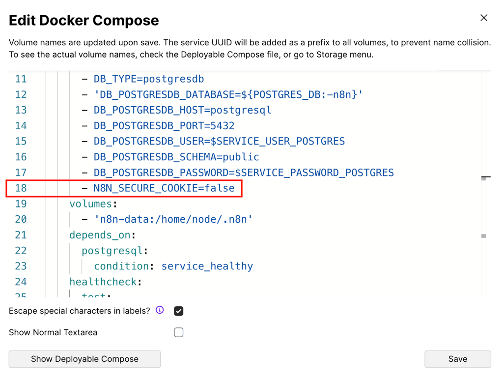The - N8N_SECURE_COOKIE=false line in the Docker Compose file