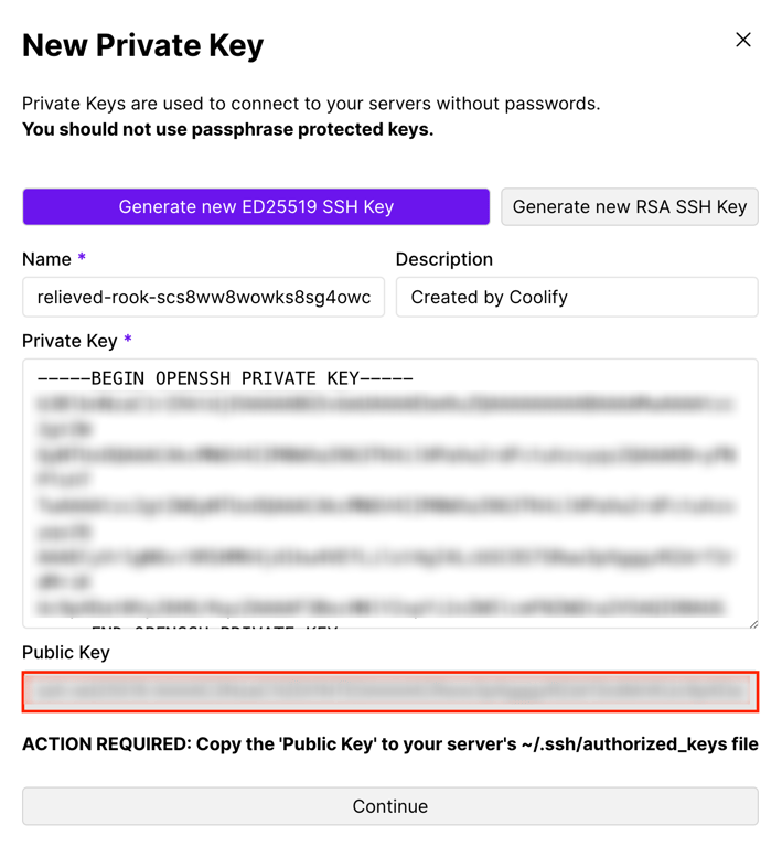 The generated public key in Coolify