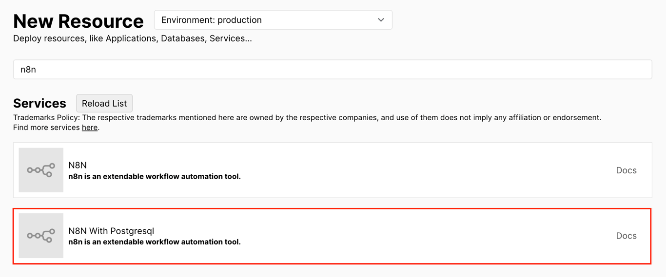 The N8N With Postgresql service in Coolify's New Resource page
