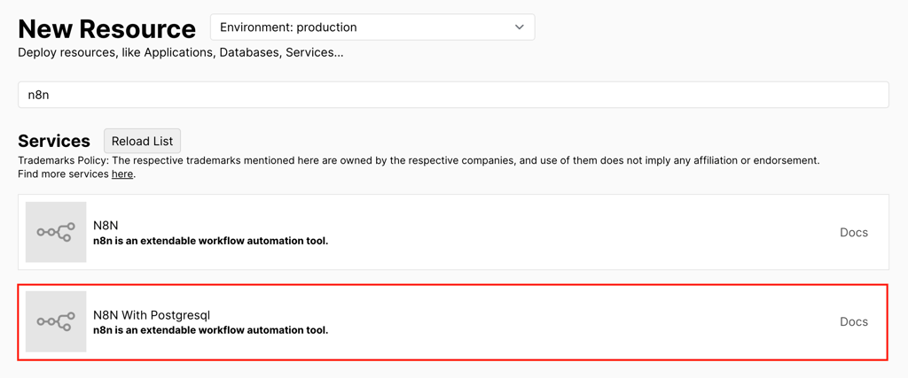 The N8N With Postgresql service in Coolify's New Resource page