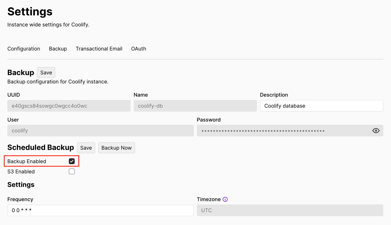 The Backup Enabled option in Coolify's Settings page