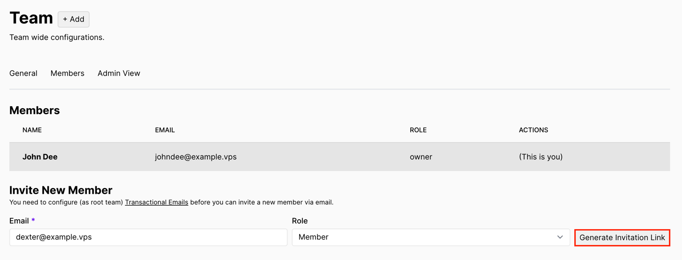 The Generate Invitation Link button in Coolify's Team page