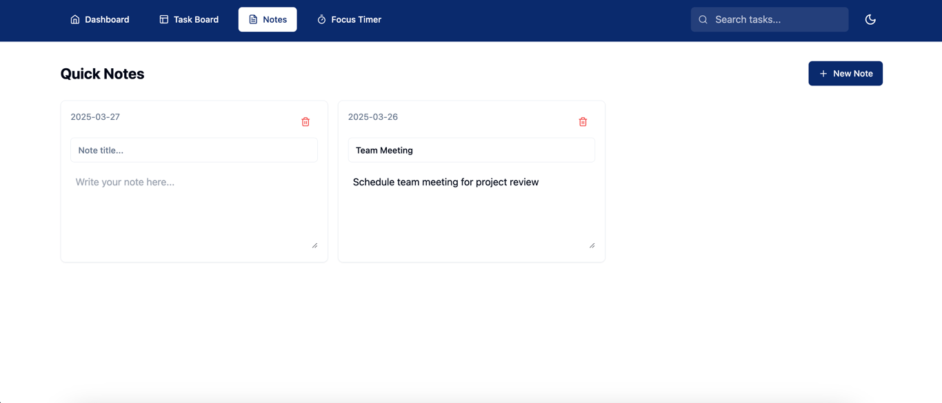 Quick Notes page preview of a custom task manager created with Hostinger Horizons