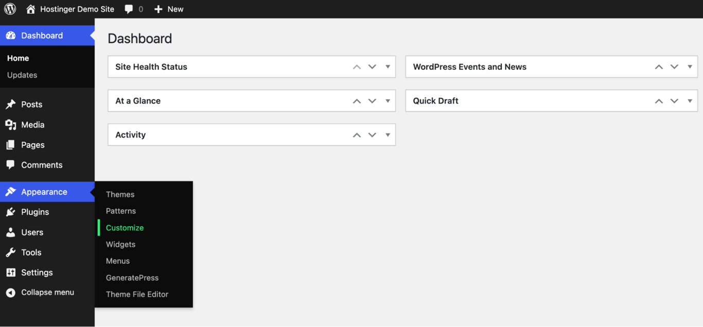 Navigating to the Customize option under Appearance in the WordPress dashboard to access theme customization settings.