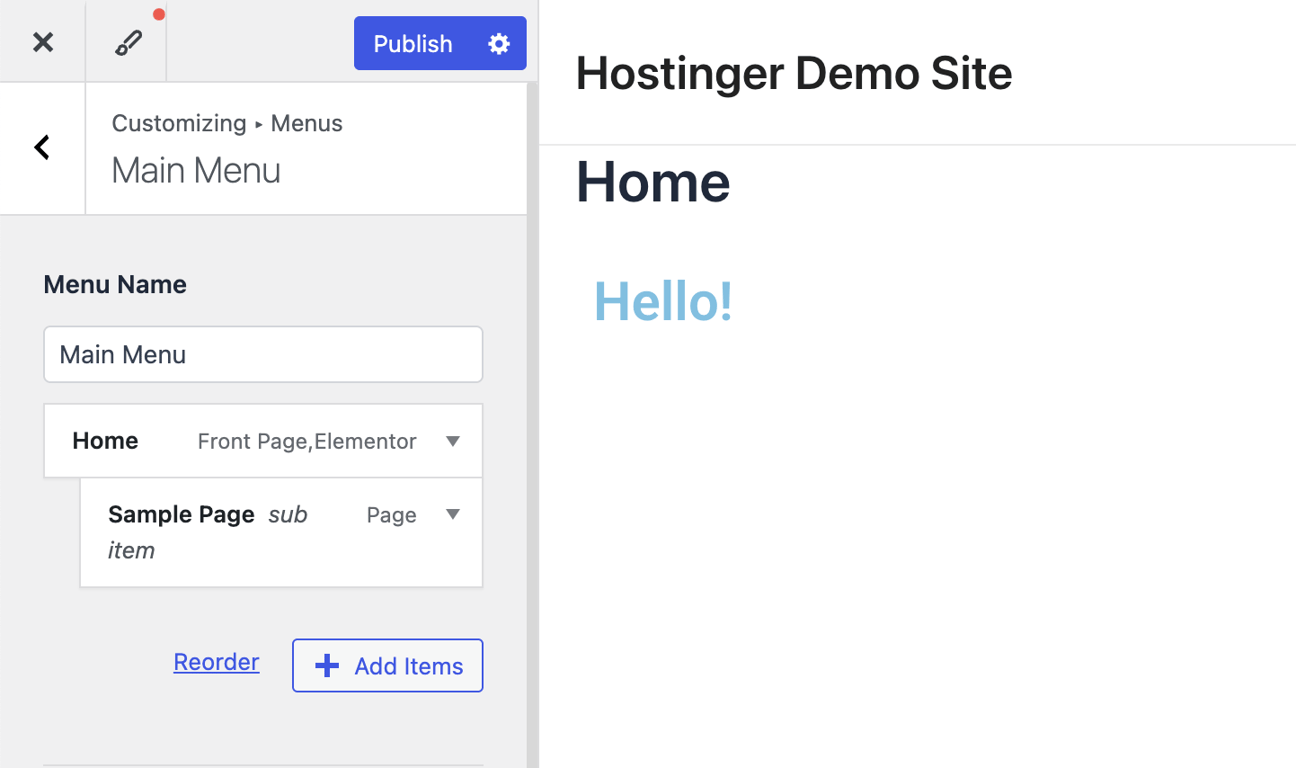 WordPress Customizer showing the menu customization panel