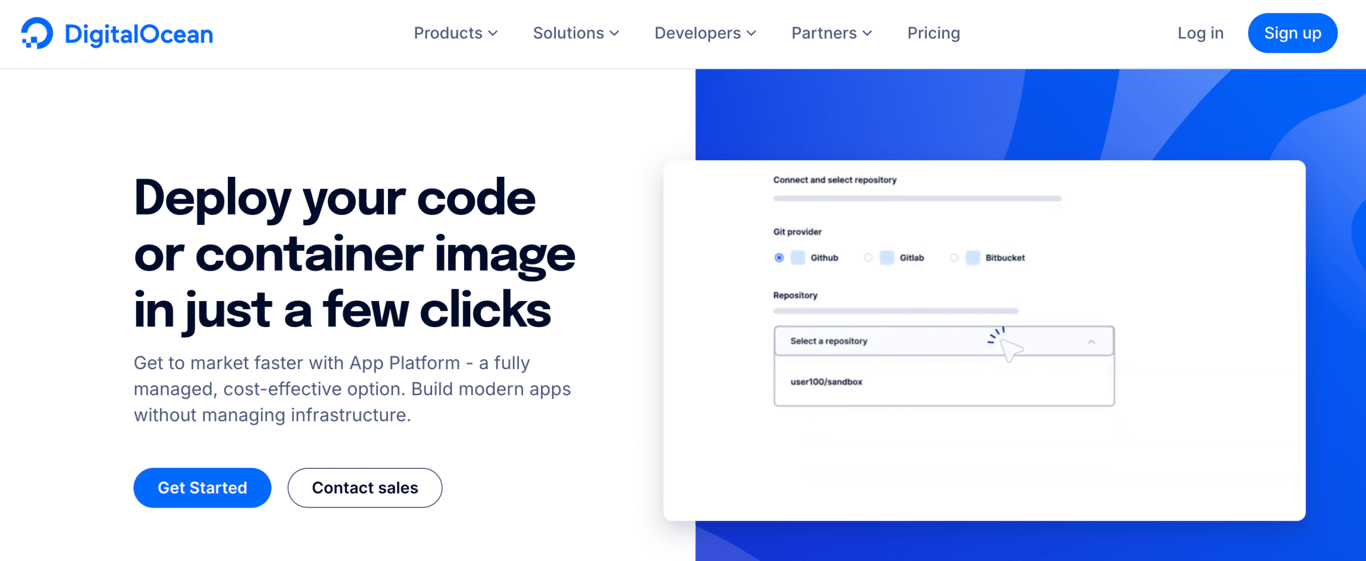 DigtialOcean App platform landing page