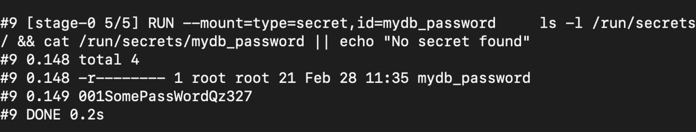 Image showing Docker build secrets being exposed by printing