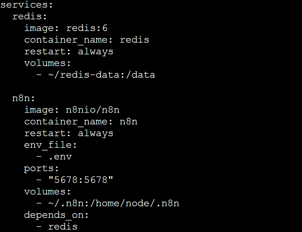 Example of the docker-compose.yml file with Redis and the n8n main instance configured.