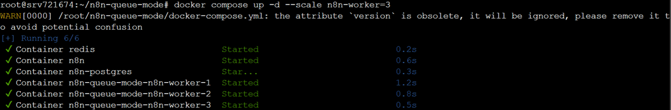 Visual of the terminal which displays a successful scaling activity of the n8n worker nodes up to 3.
