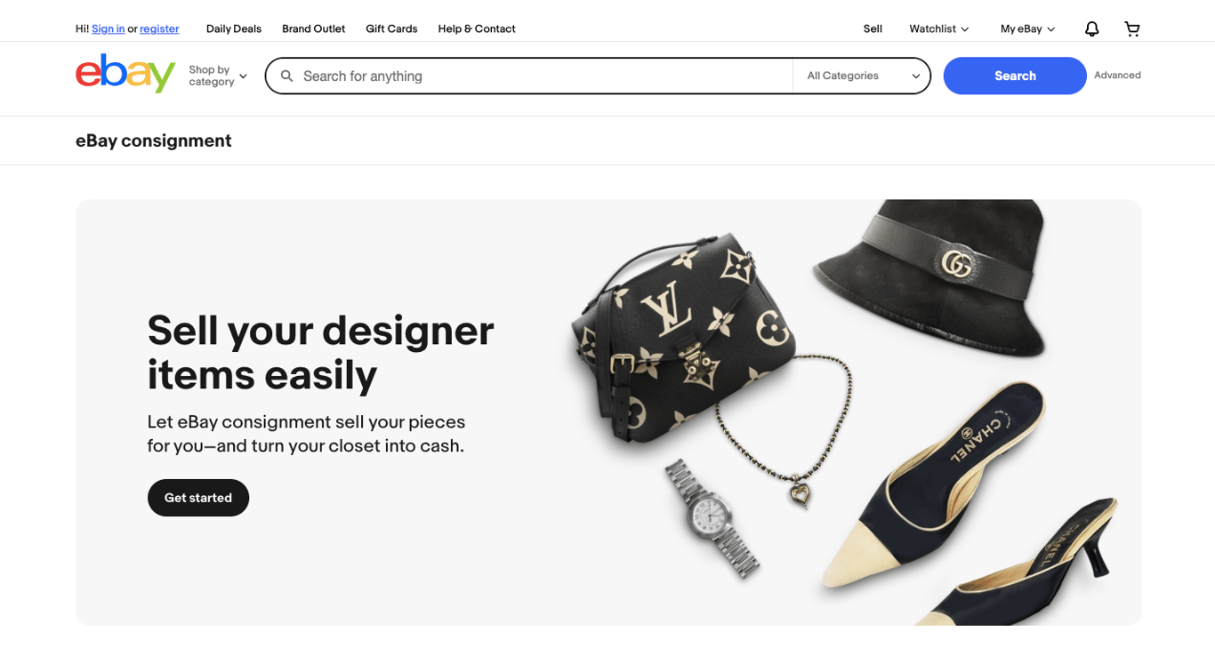 eBay Consignment page with designer items and a message to sell your pieces easily
