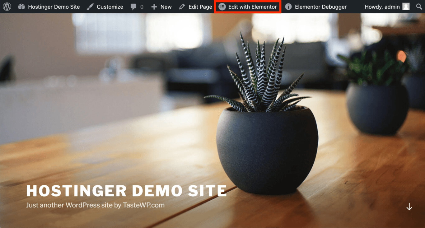 Logged-in view of the WordPress homepage showing the 'Edit with Elementor' button for quick access to page customization.