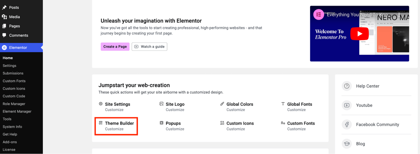 Navigating to Elementor's Theme Builder