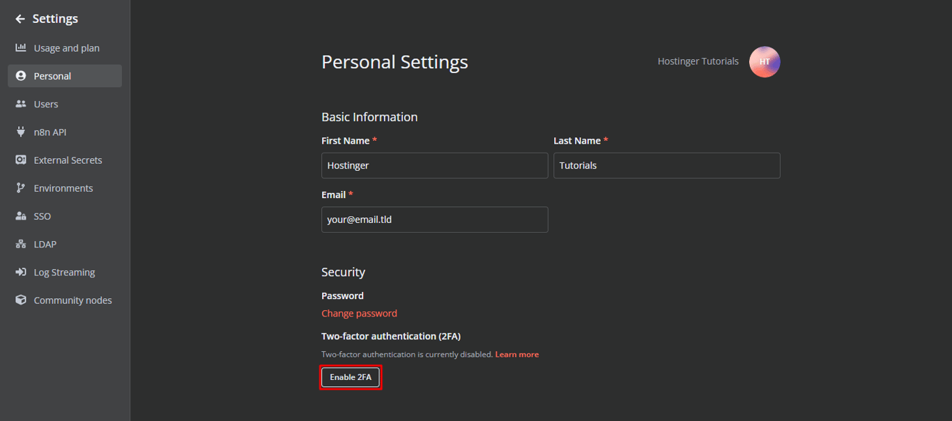 Enabling two-factor authentication for n8n.