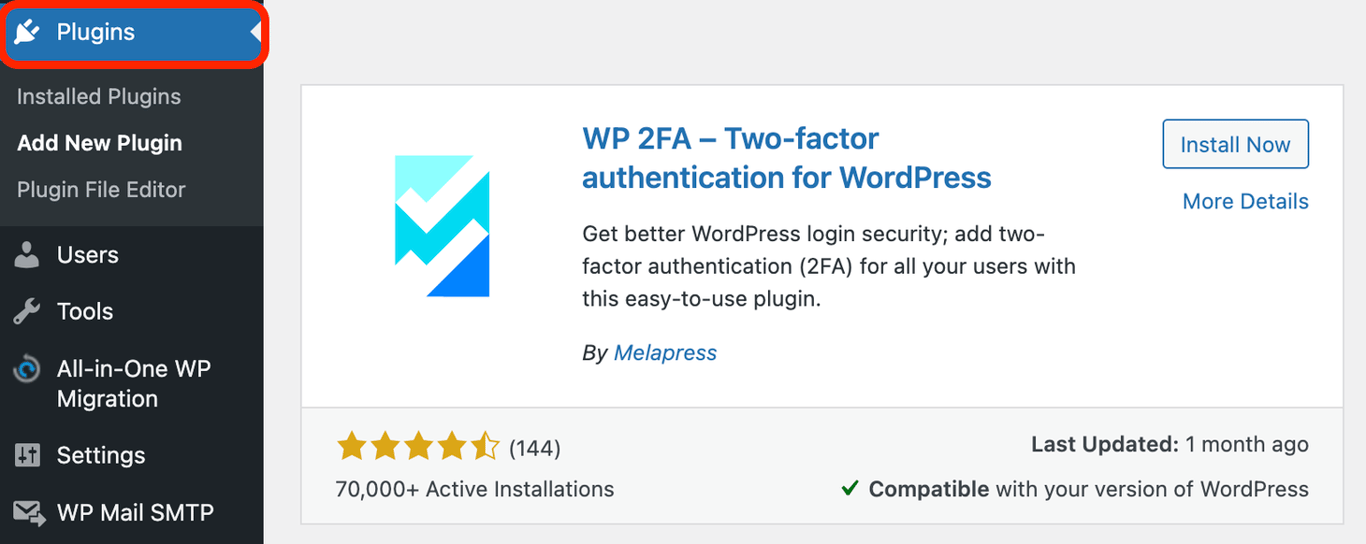 WordPress dashboard plugins section showing the screen for installing WP 2FA plugin