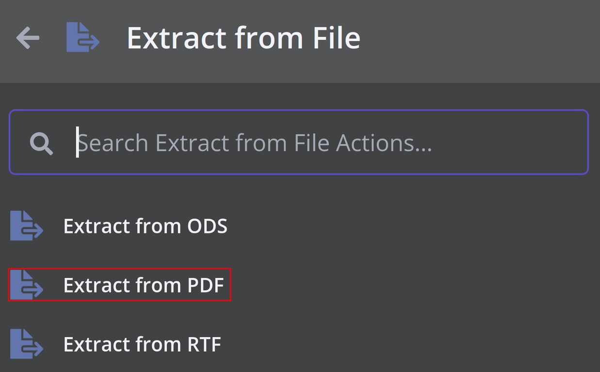 n8n action list with "Extract from PDF" highlighted