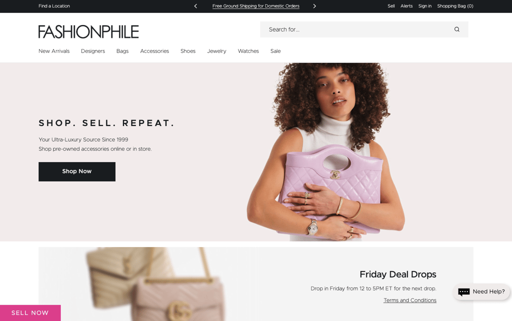 Fashionphile homepage featuring a woman holding a pink designer bag with a shop and sell message