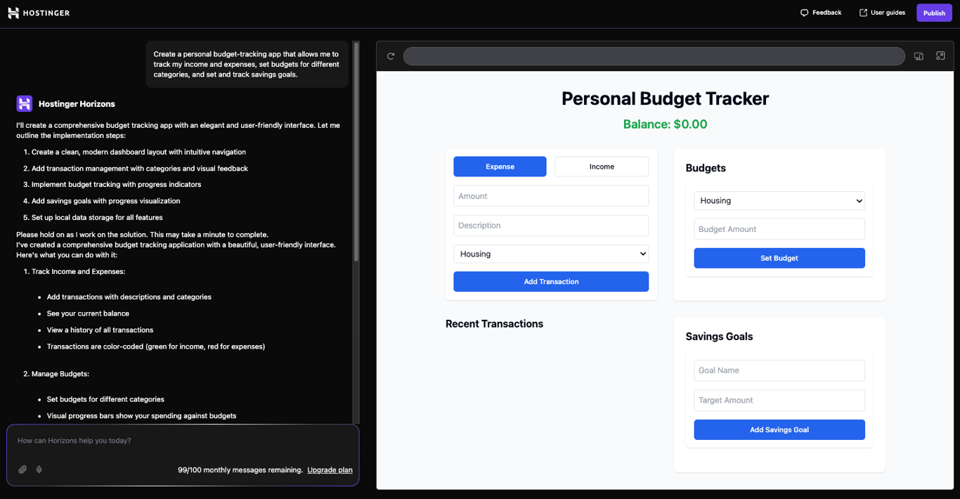 the first version of the budget-tracking web app generated by hostinger horizons