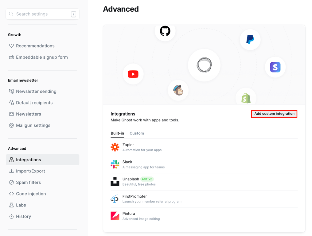The Add custom integration button in the Ghost admin dashboard
