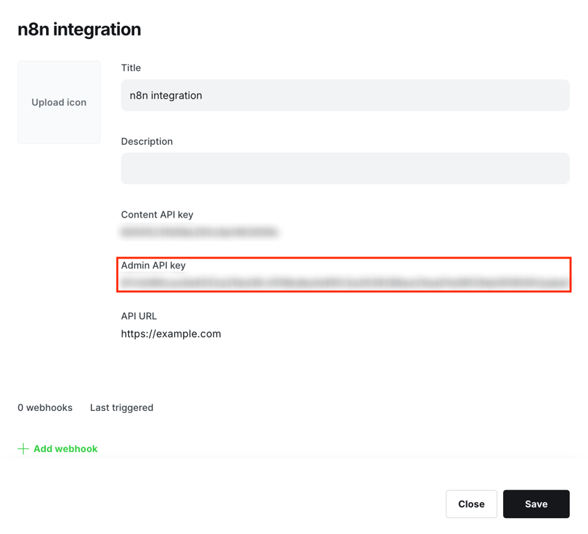 The generated Admin API key in the Ghost admin dashboard
