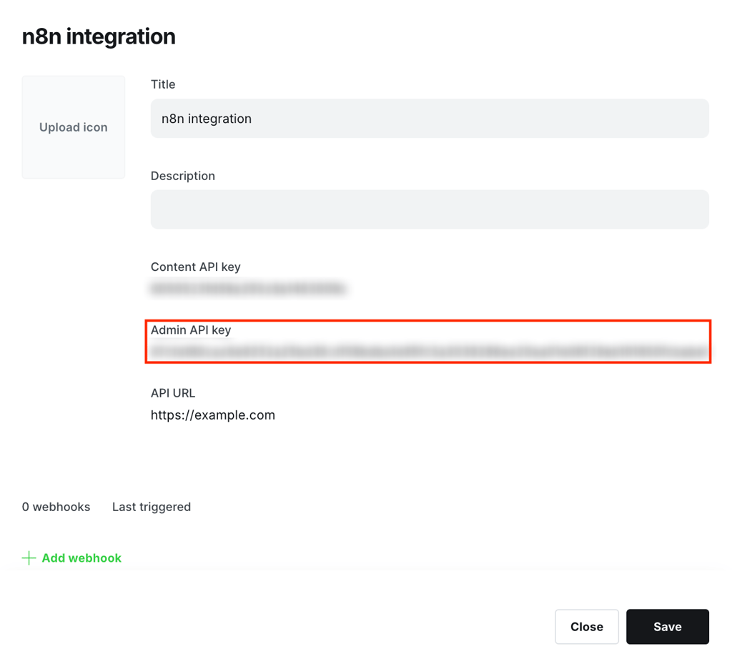 The generated Admin API key in the Ghost admin dashboard
