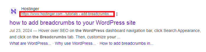 A search result for a tutorial on adding breadcrumbs to a WordPress site from Hostinger's website with the actual breadcrumbs highlighted in red rectangle