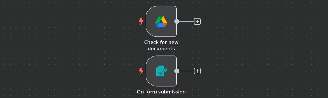 n8n workflow canvas showing Google Drive and On form submission trigger nodes