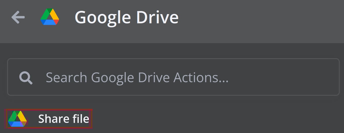 n8n Google Drive action list with "Share file" highlighted