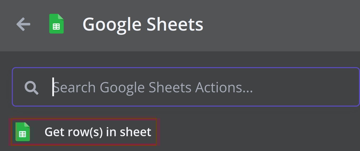 n8n action menu showing Google Sheets actions with "Get row(s) in sheet" highlighted