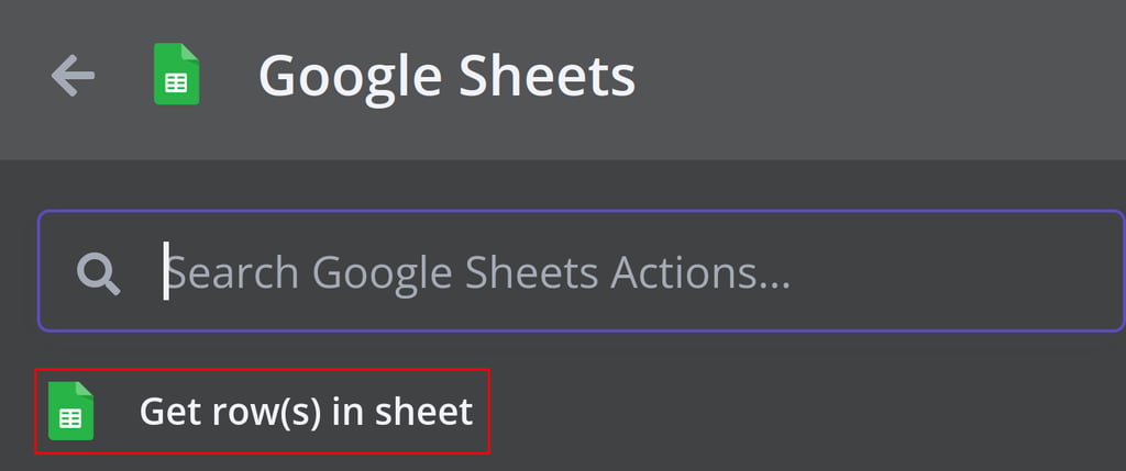 n8n action menu showing Google Sheets actions with "Get row(s) in sheet" highlighted