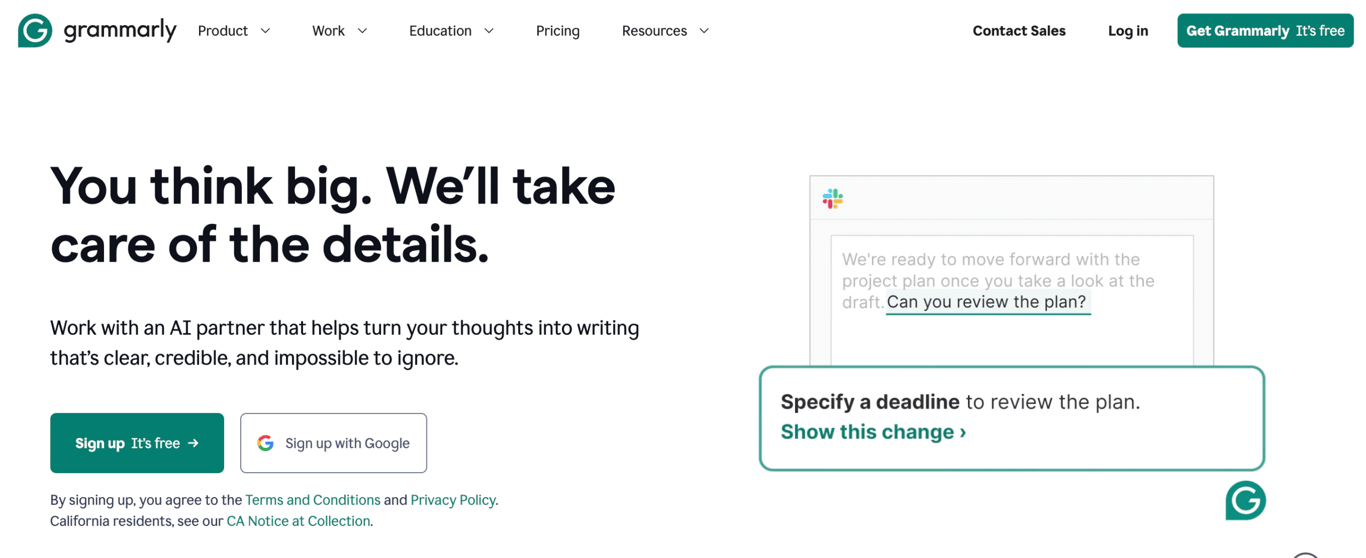 Homepage of Grammarly