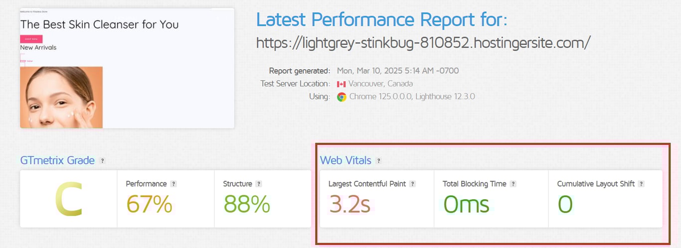 Performance report showing a C grade, with performance at 67%, a largest contentful paint of 3.2s, and zero blocking time.