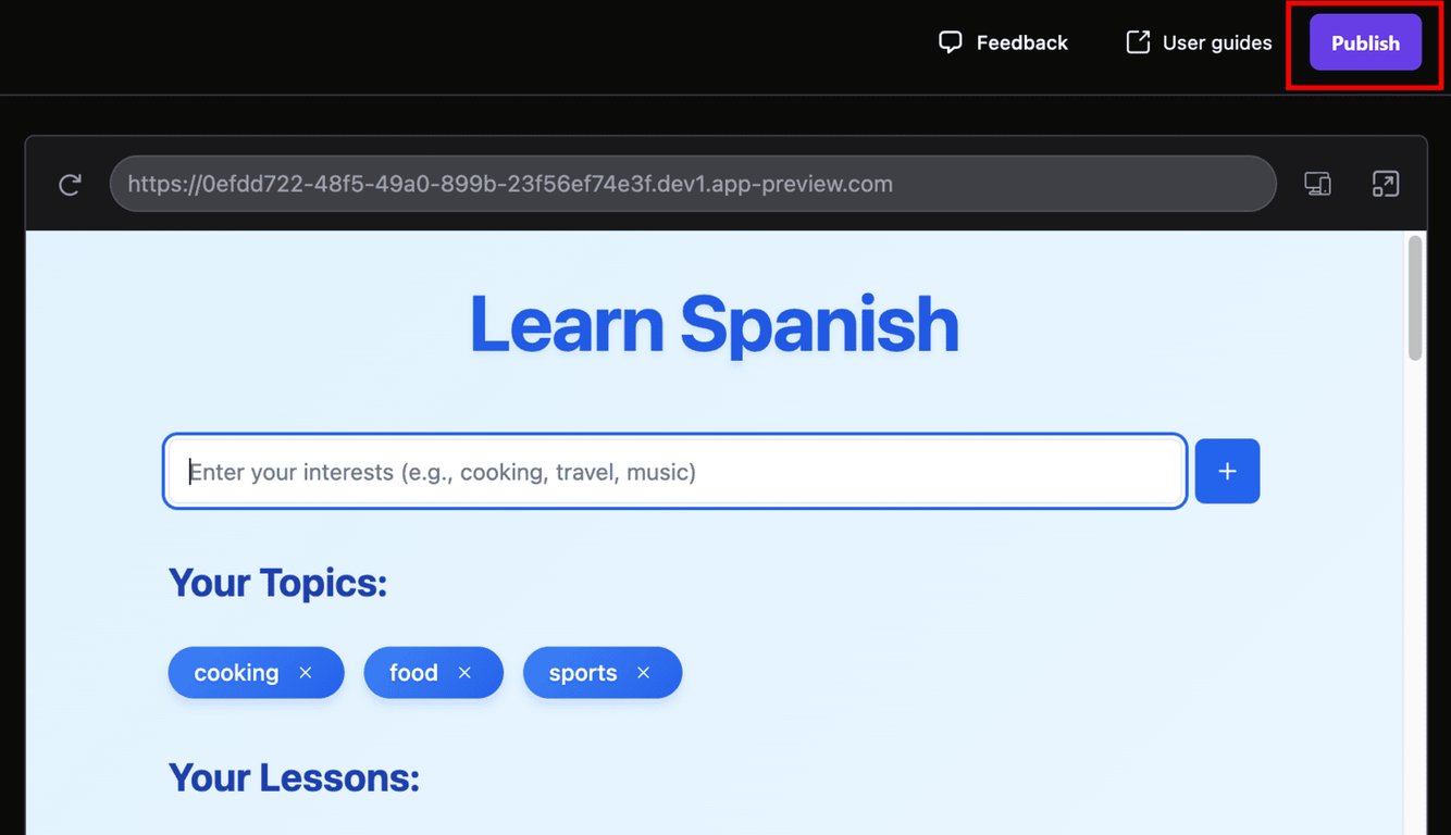 Hostinger Horizons interface with Publish button highlighted