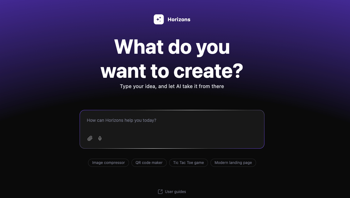 hostinger horizons initial page with a field to enter a prompt to start building a web application
