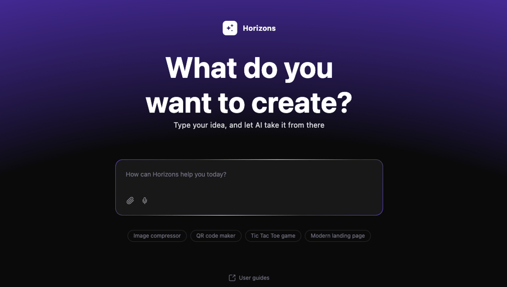 hostinger horizons initial page with a field to enter a prompt to start building a web application
