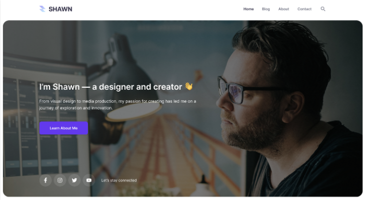A personal website featuring Shawn, a designer and creator, highlighting his passion for visual design and media production.