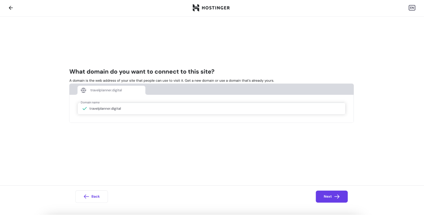 Hostinger's custom domain name selection page